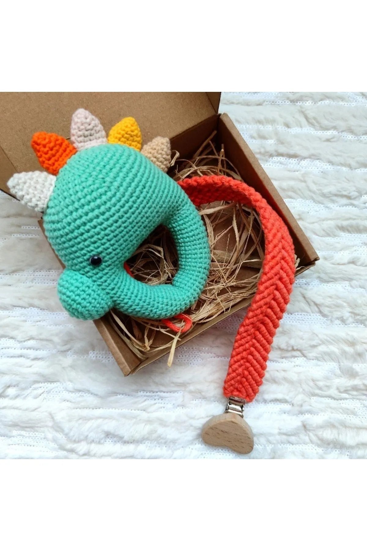 Crochet Cute Dino Rattle and Dummy Clip Gift Set