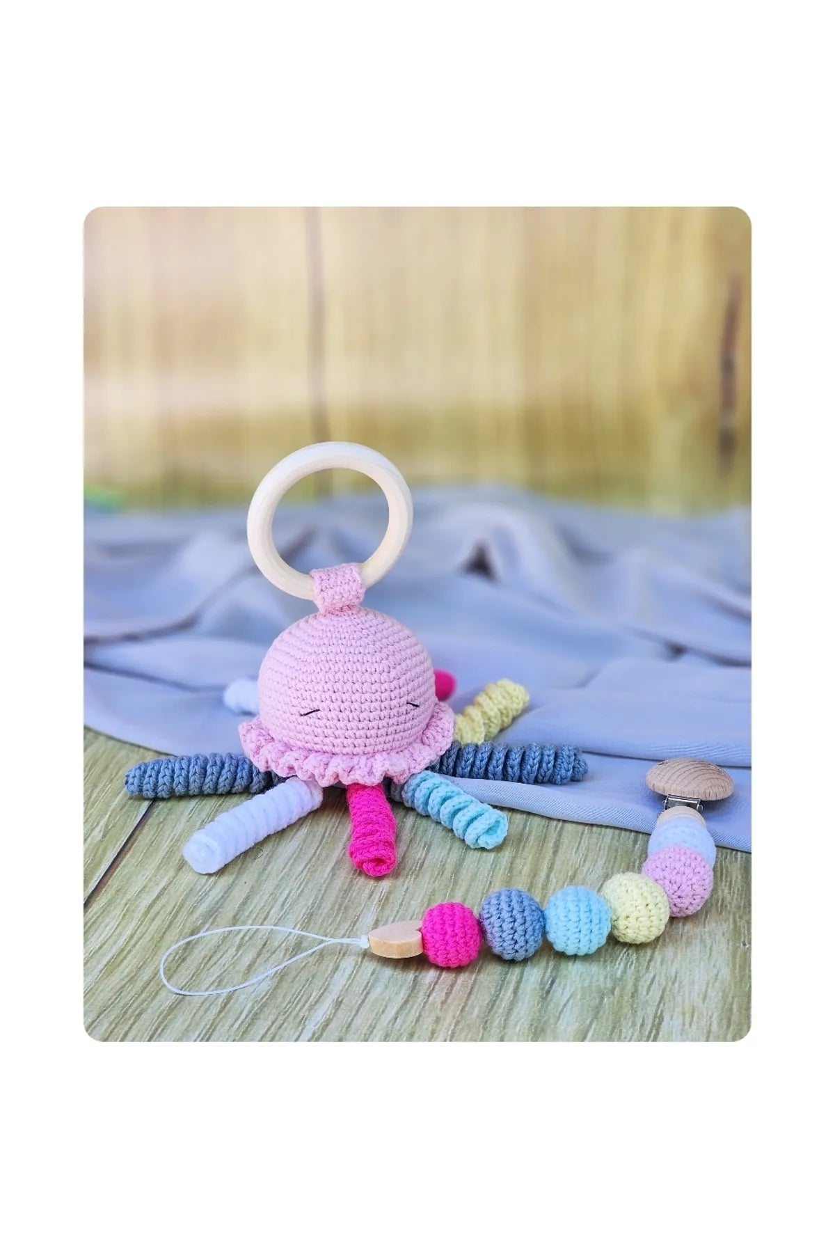 Crochet Cute Jellyfish Rattle and Dummy Clip Gift Set 2pc