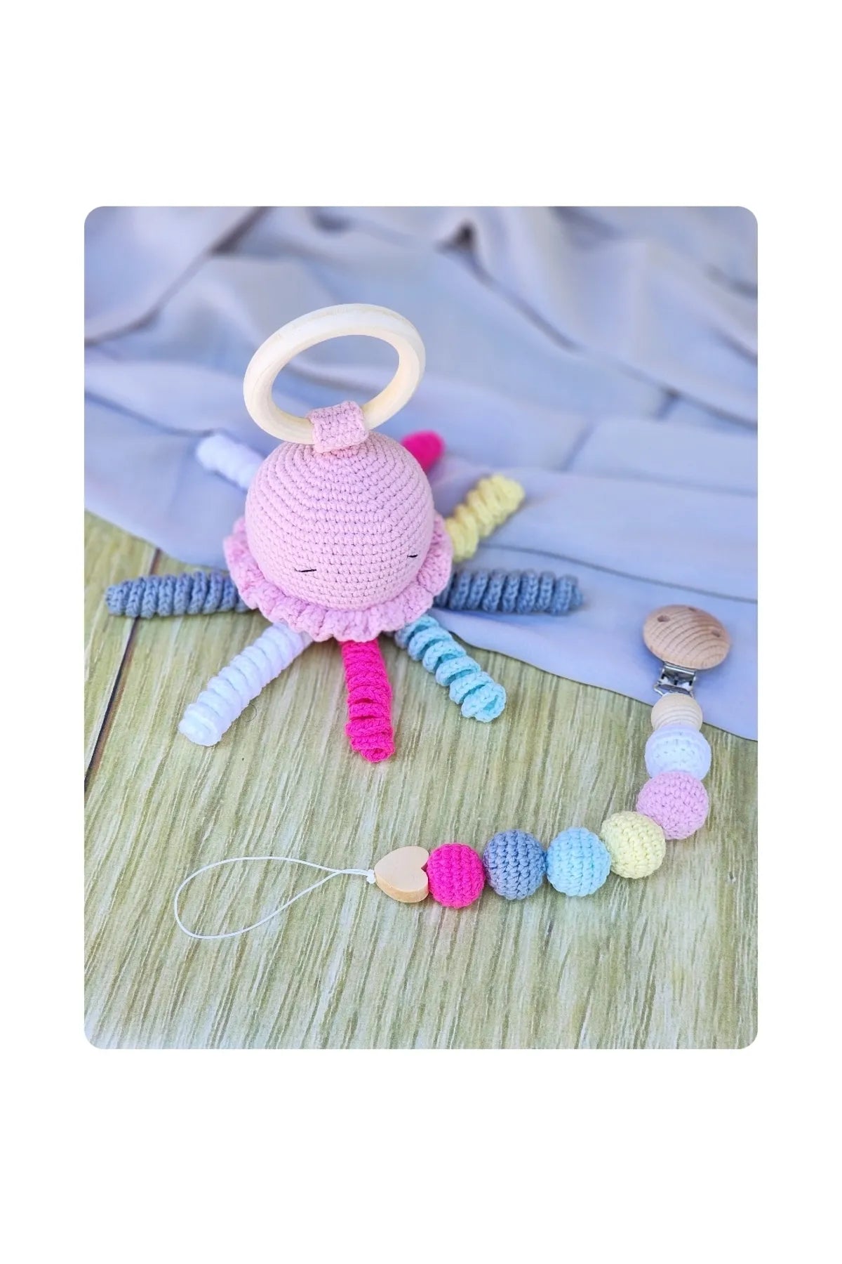 Crochet Cute Jellyfish Rattle and Dummy Clip Gift Set 2pc
