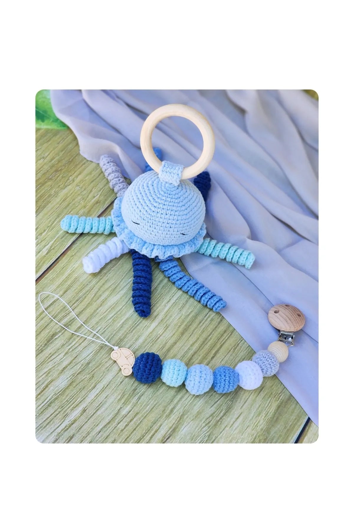 Crochet Cute Jellyfish Rattle and Dummy Clip Gift Set 2pc