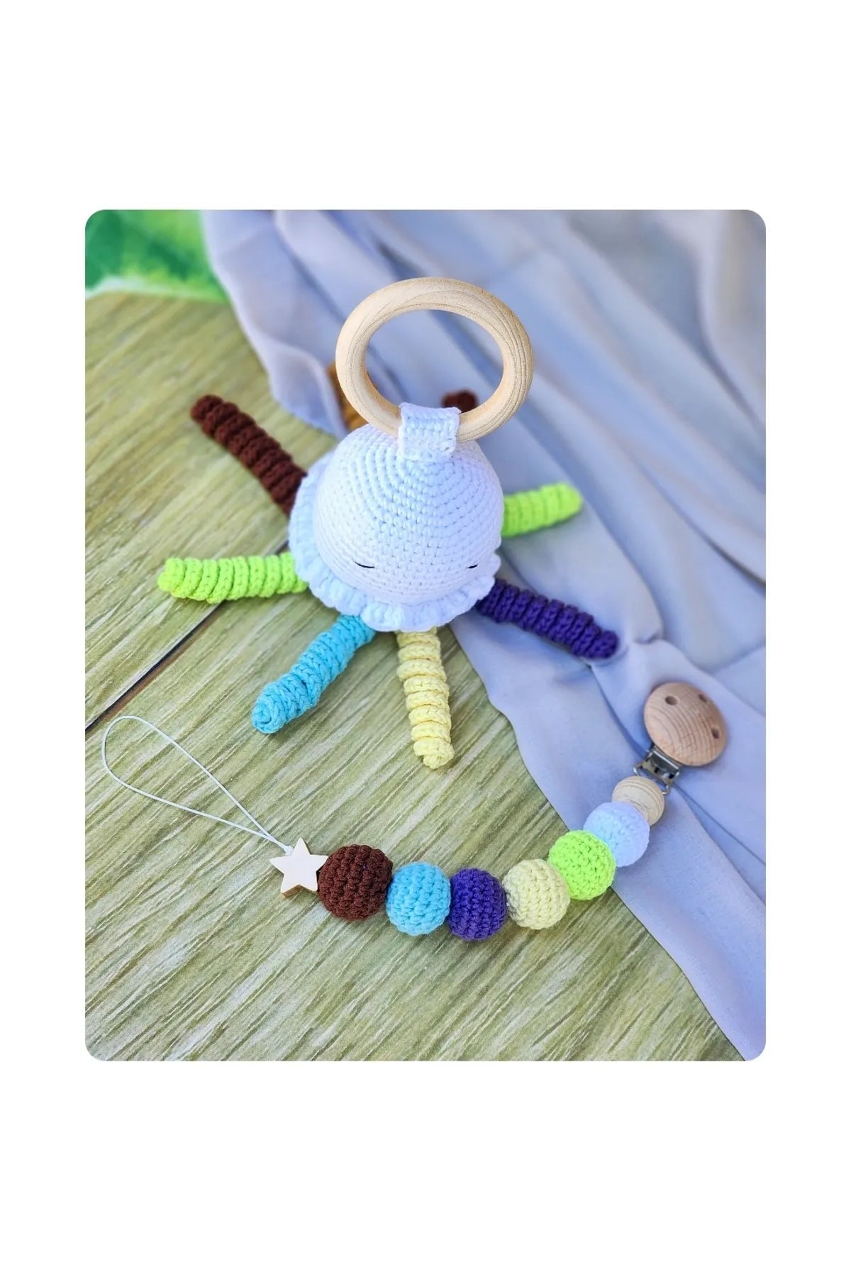 Crochet Cute Jellyfish Rattle and Dummy Clip Gift Set 2pc