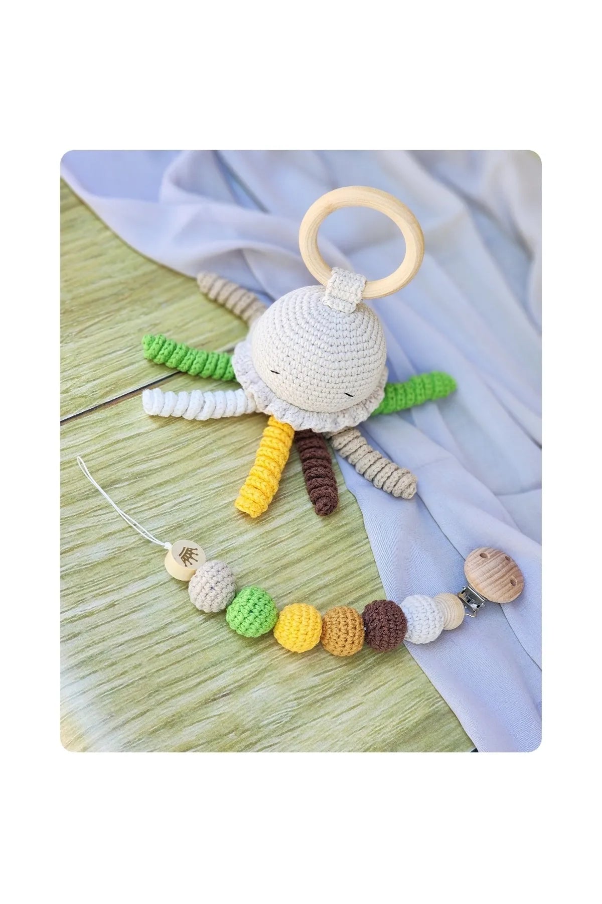 Crochet Cute Jellyfish Rattle and Dummy Clip Gift Set 2pc