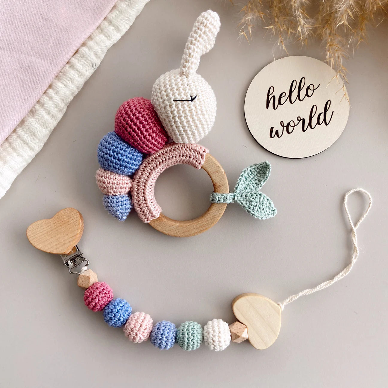 Crochet Caterpillar Rattle Toy and Dummy Clip 2pc