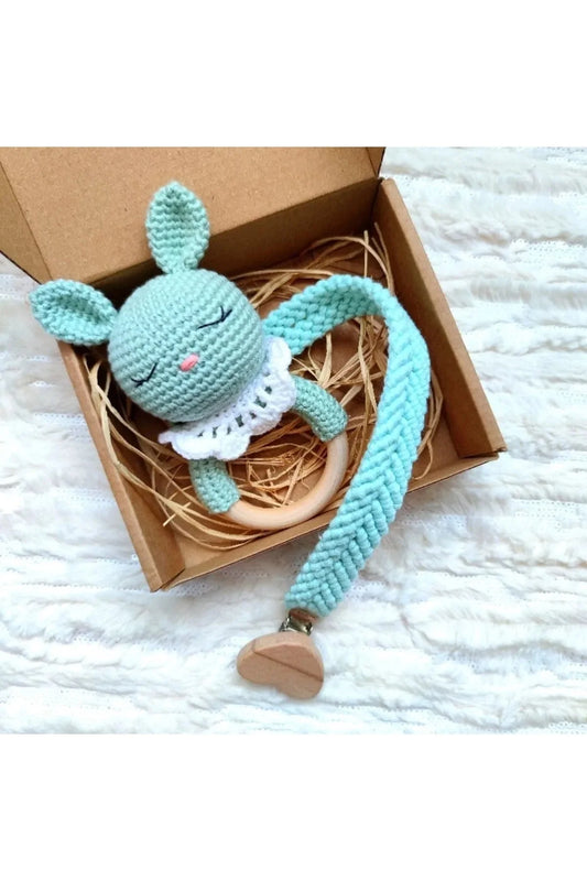 Crochet Cute Bunny Rattle and Dummy Clip Gift Set 2pc