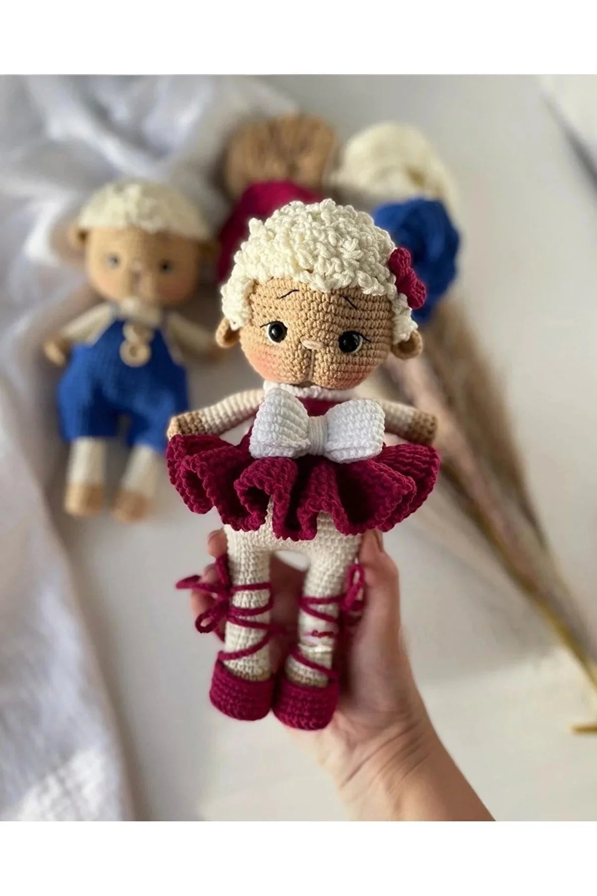 Crochet Cute Sheep Girl Toy in Burgundy Dress