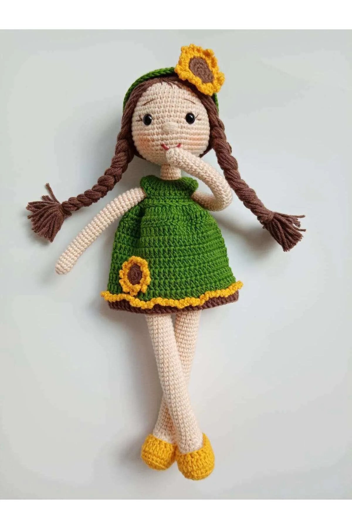 Crochet Little Girl Doll Toy - Green Dress with Sunflowers
