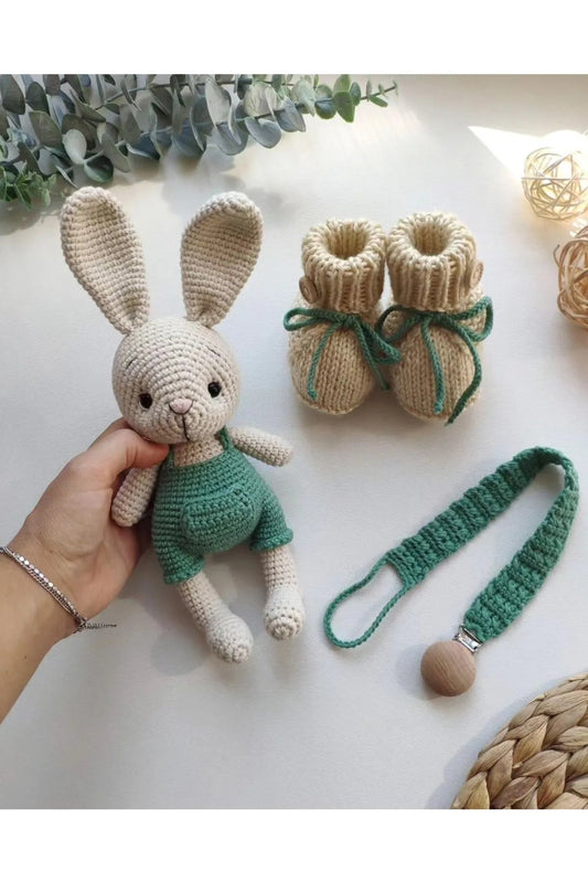 Crochet Bunny Toy and Baby Shoes Set 3pc
