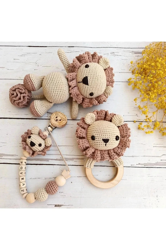 Handmade Crochet Lion Toy Gift Set (3pc) - Personalised Dummy Clip