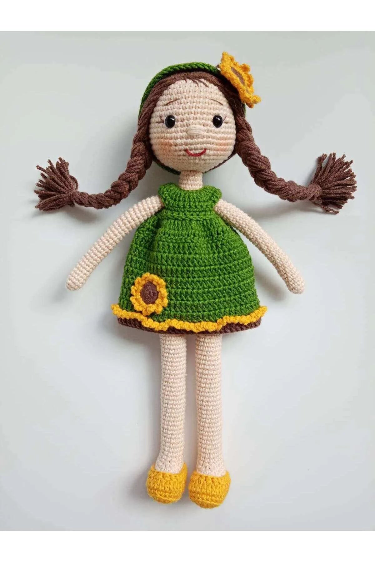 Crochet Little Girl Doll Toy - Green Dress with Sunflowers