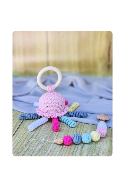 Crochet Cute Jellyfish Rattle and Dummy Clip Gift Set 2pc