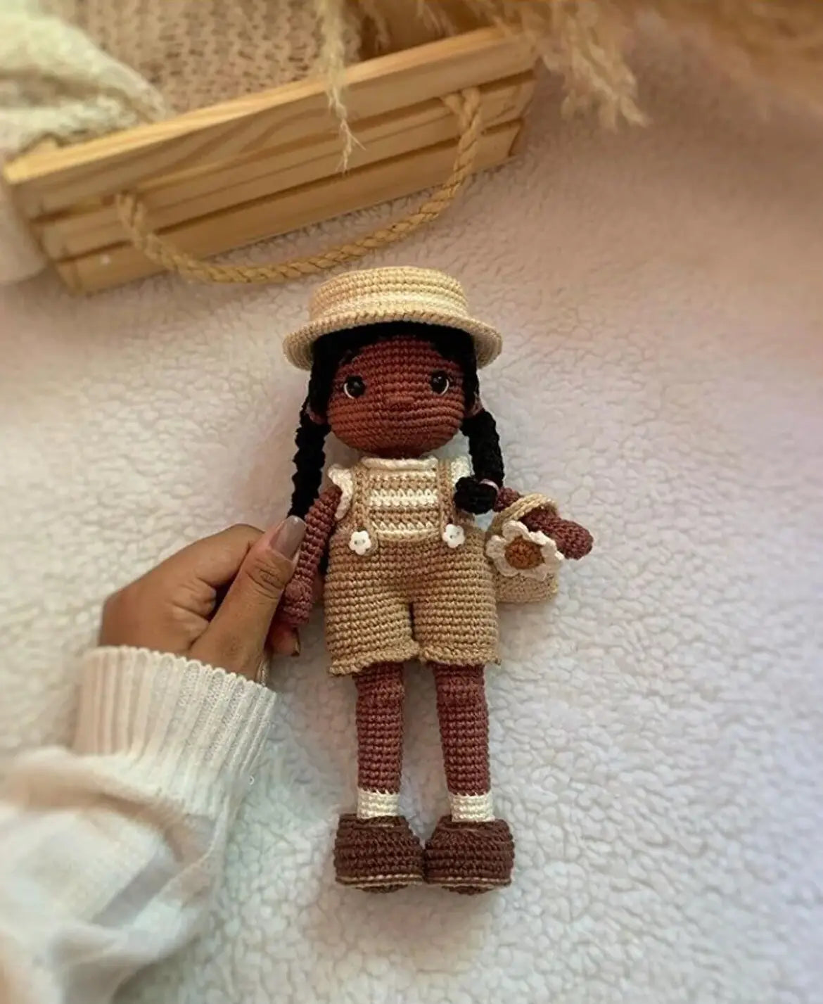 Crochet Dark Hair Girl Doll with Hat - Handmade Toy for Girls