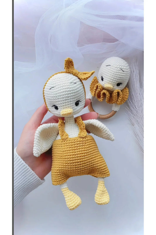 Handmade Crochet Duck Toy in Orange Jumpsuit Gift Set (2pc)