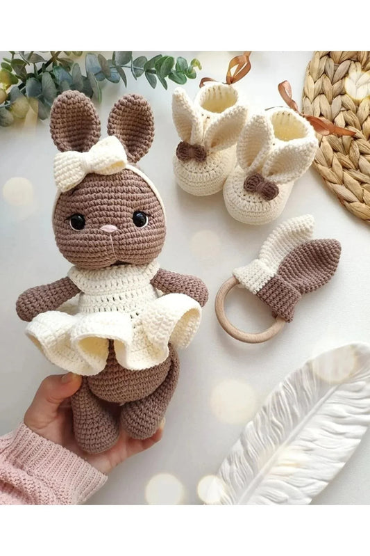 Handmade Crochet Brown Bunny in White Dress Toy Gift Set (3pc)