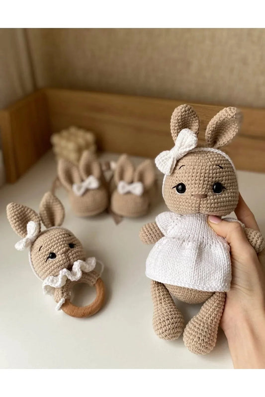Handmade Crochet Bunny in White Dress Toy Gift Set (3pc)