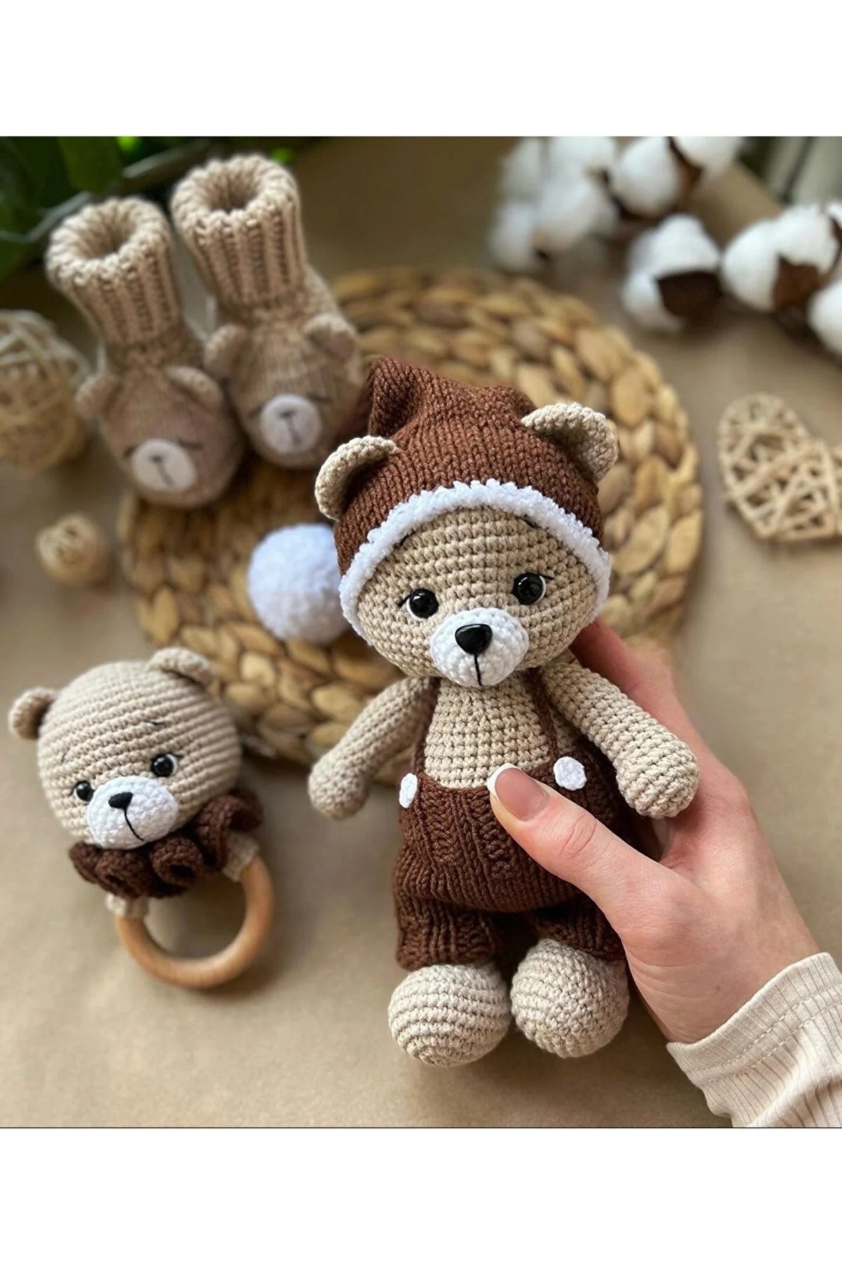 Handmade Crochet Teddy Bear wearing a Hat With Pom-pom Toy Gift Set (3pc)