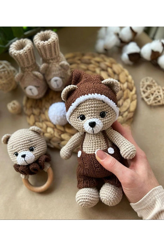 Handmade Crochet Teddy Bear wearing a Hat With Pom-pom Toy Gift Set (3pc)