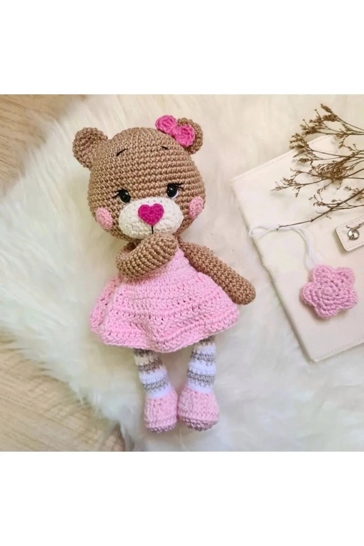 Crochet Teddy Bear with Pink Dress