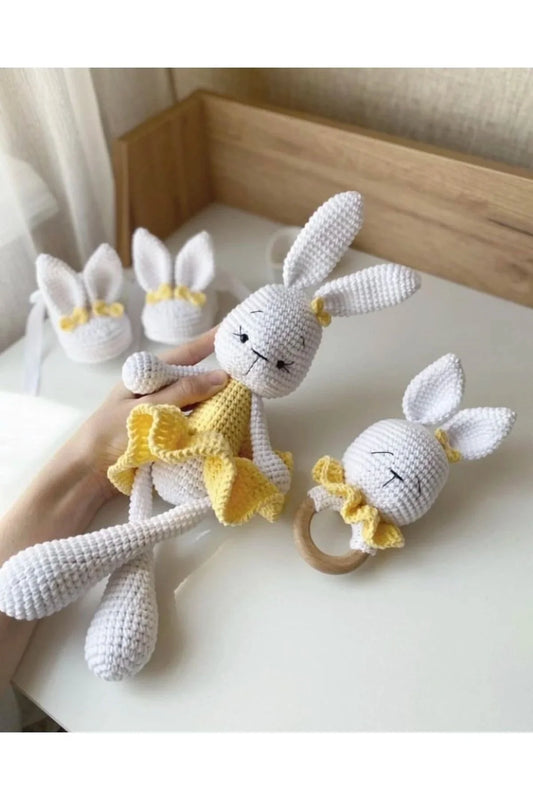 Handmade Crochet Bunny in Yellow Dress Toy Gift Set (3pc)