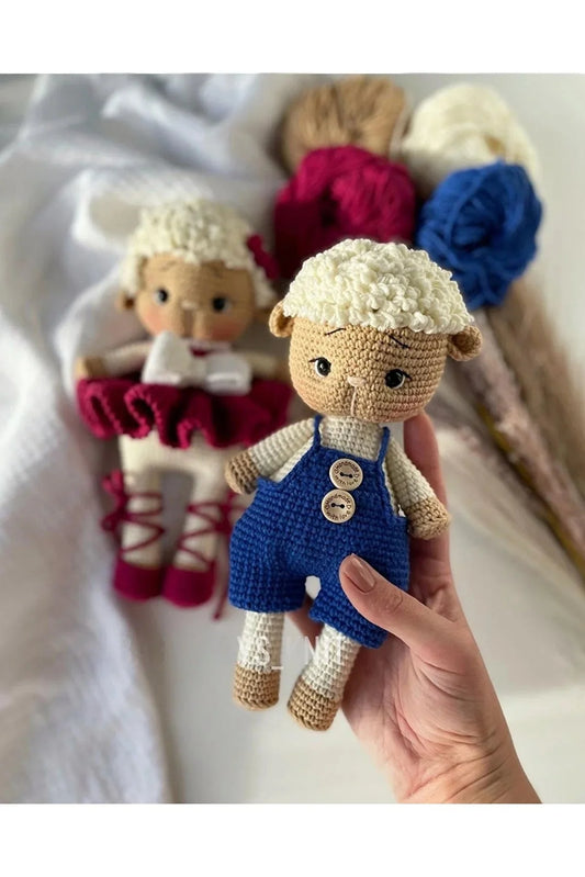 Crochet Cute Sheep Boy in Blue Jumpsuit Toy