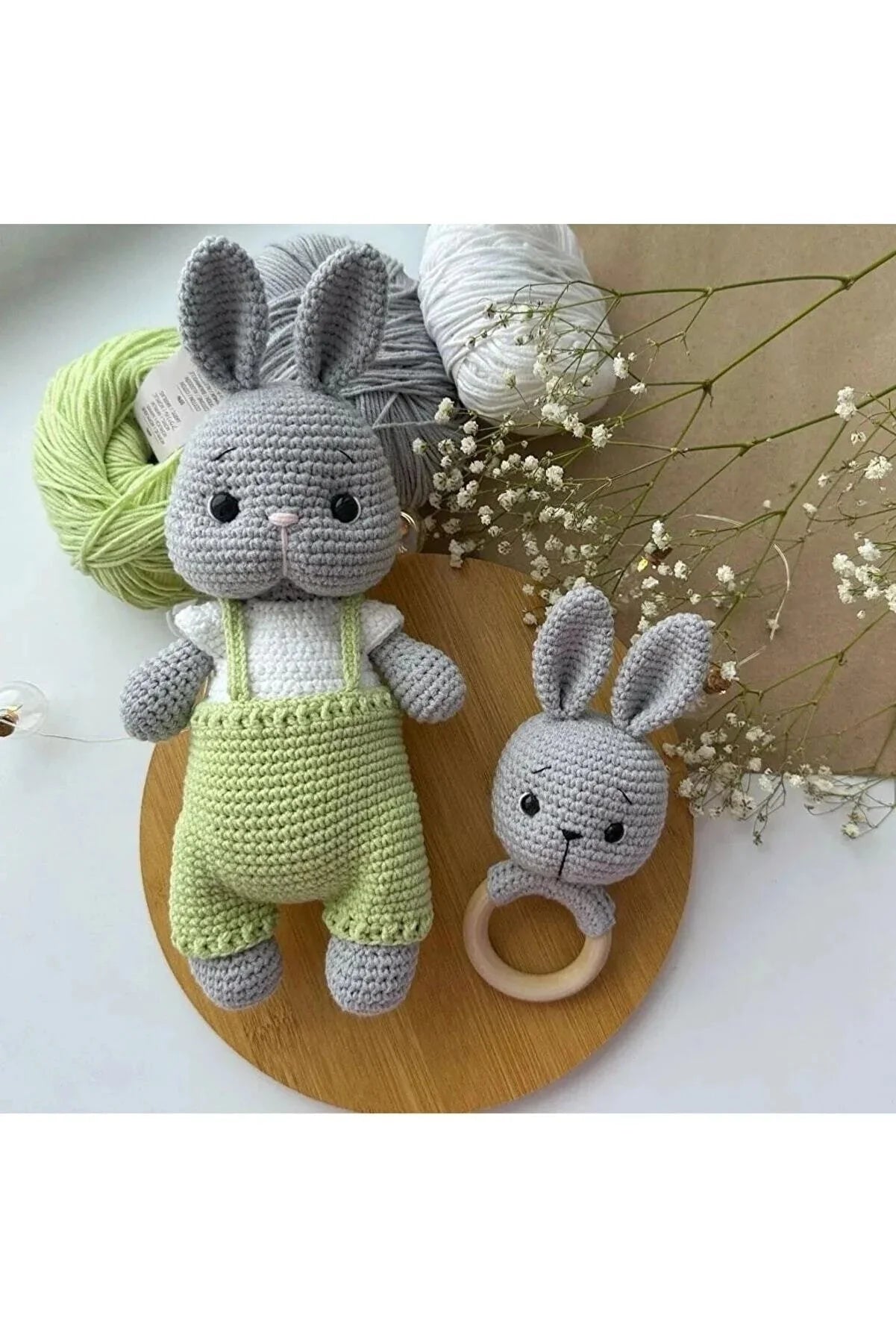 Handmade Crochet Grey Bunny in Green Jumsuit Toy Gift Set (2pc)
