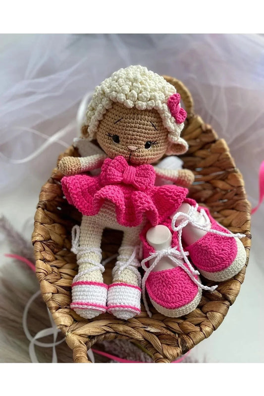 Handmade Crochet Sheep in Pink Dress Toy Gift Set (2pc)