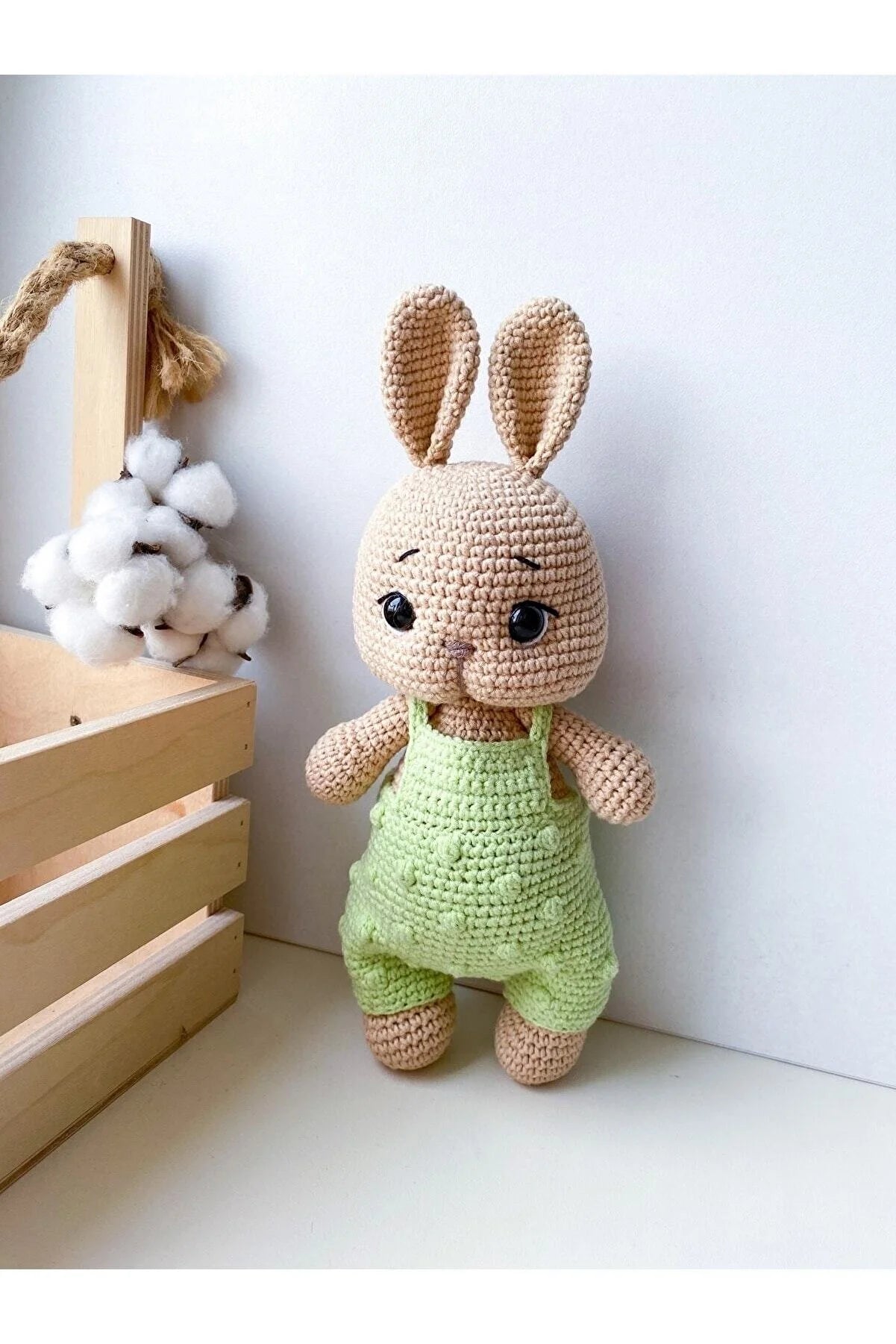 Crochet Bunny Toy in Green Jumpsuit - Adorable and Handcrafted