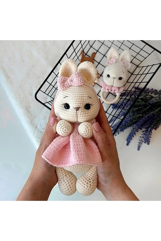 Handmade Crochet Bunny in Pink Dress Toy Gift Set (2pc)