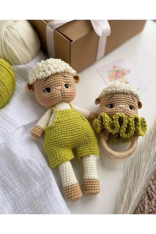 Handmade Crochet Sheep in Green Jumpsuit Toy Gift Set (2pc)