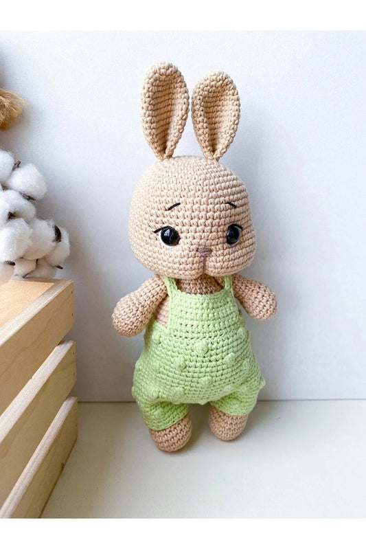 Crochet Bunny Toy in Green Jumpsuit - Adorable and Handcrafted