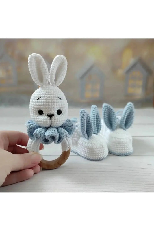 Crochet Cute Bunny Rattle and Rabbit Ear Baby Booties Gift Set