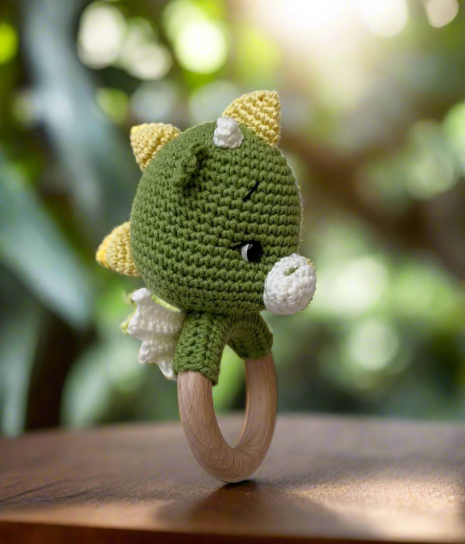 Crochet Cute Green Dino Rattle Toy