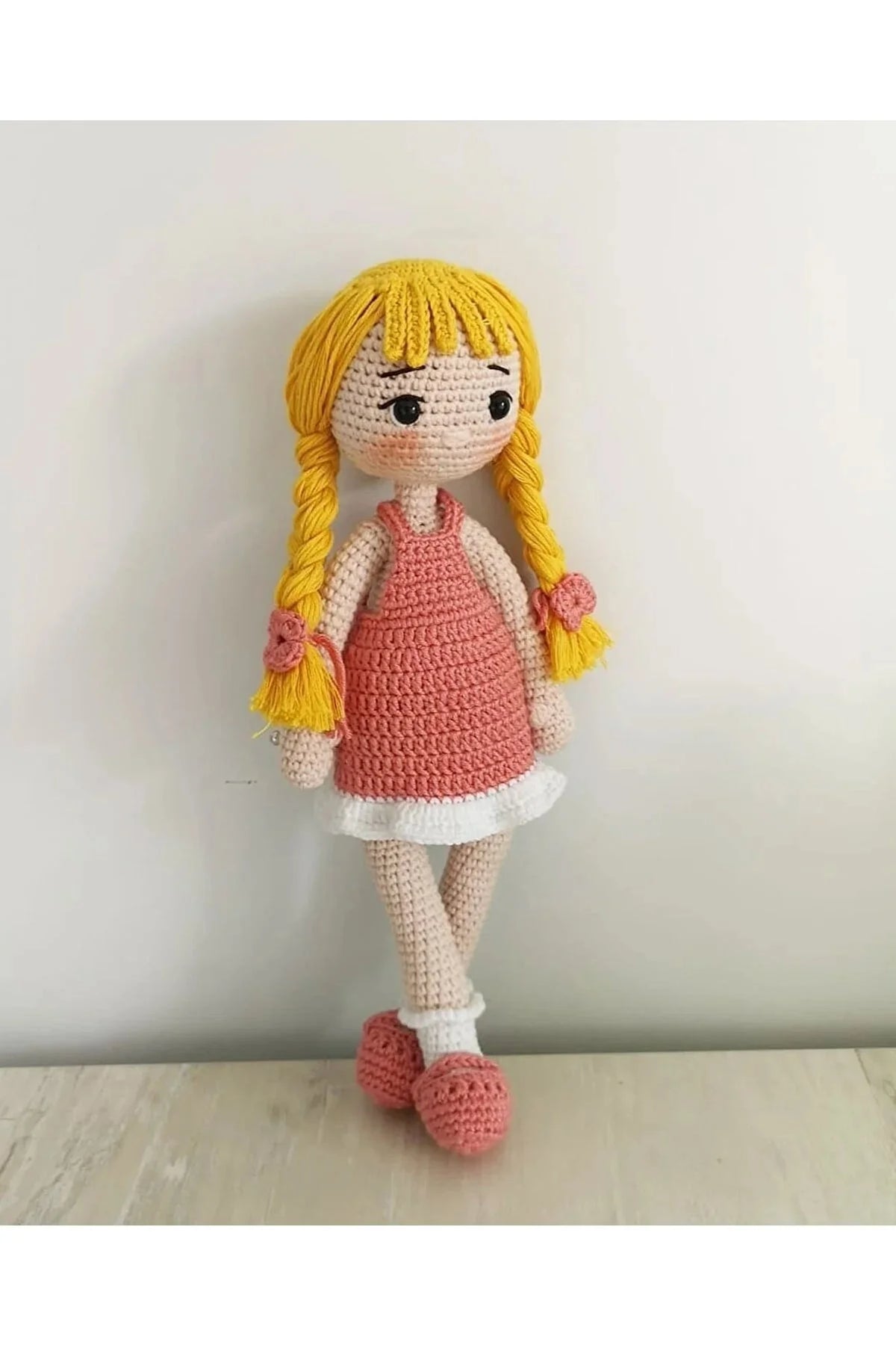 Crochet Cute Blonde Girl in Light Pink Dress Doll
