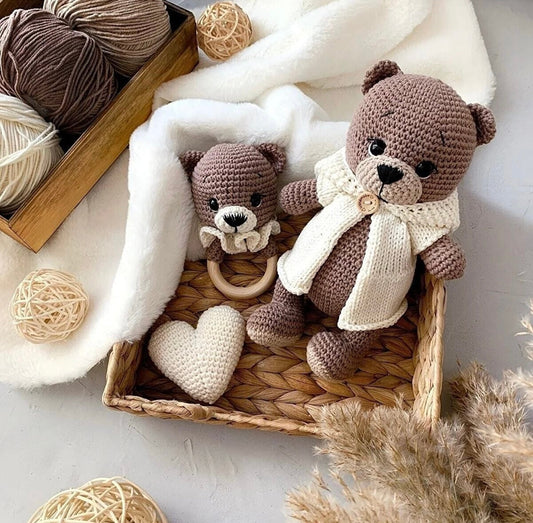 Handmade Crochet Teddy Bear in White Jumpsuit Toy Gift Set (3pc)