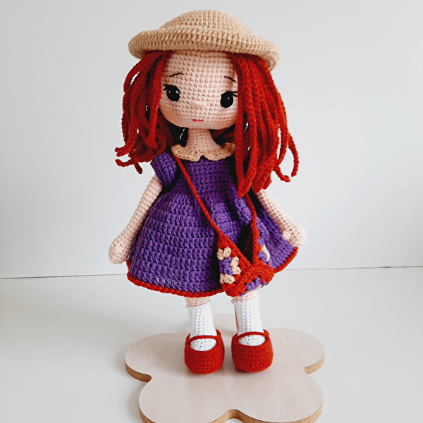Crochet Red Hair Girl Doll in Purple Dress