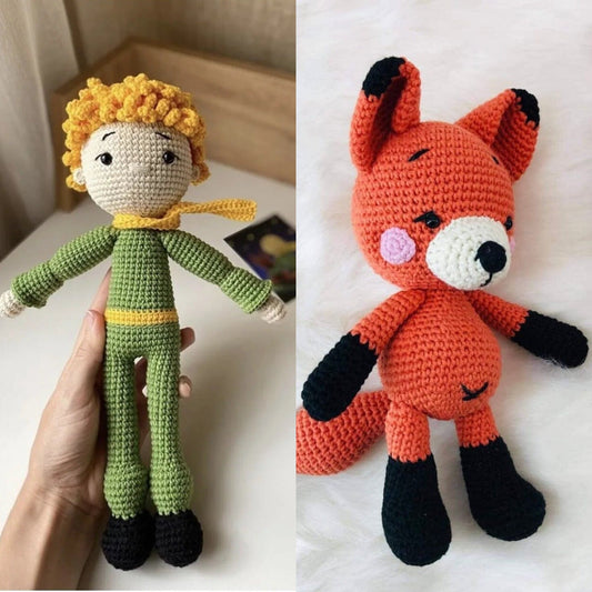 Crochet Little Prince Doll and Fox Toy Set 2pc