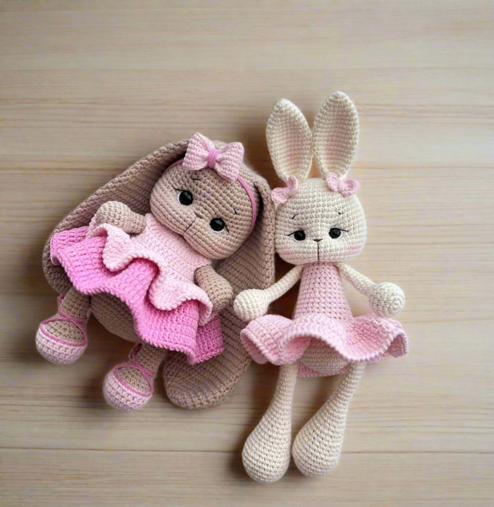 Adorable Bunny Duo - Handmade Crochet Bunnies in Pink Dresses (Set of 2)