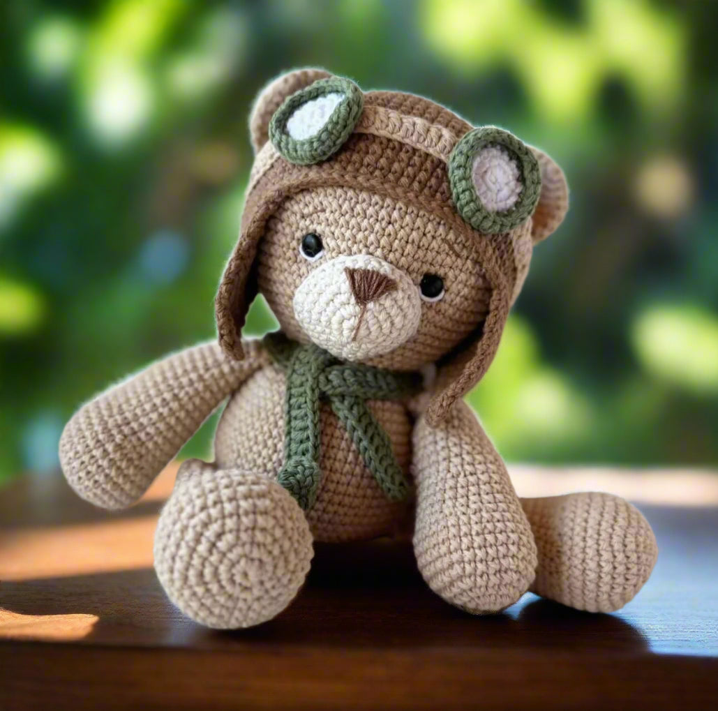 Crochet Cute Pilot Teddy Bear Toy and Rattle Toy Gift Set 2pc