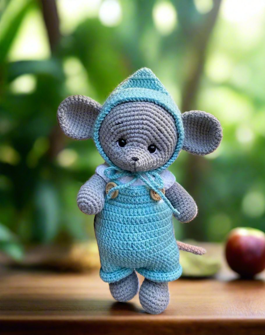 Crochet Cute Mouse in Blue Jumpsuit Toy