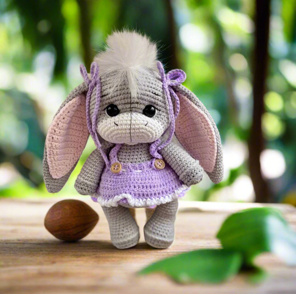 Crochet Adorable Long Pink Ear Donkey in Purple Hoodie