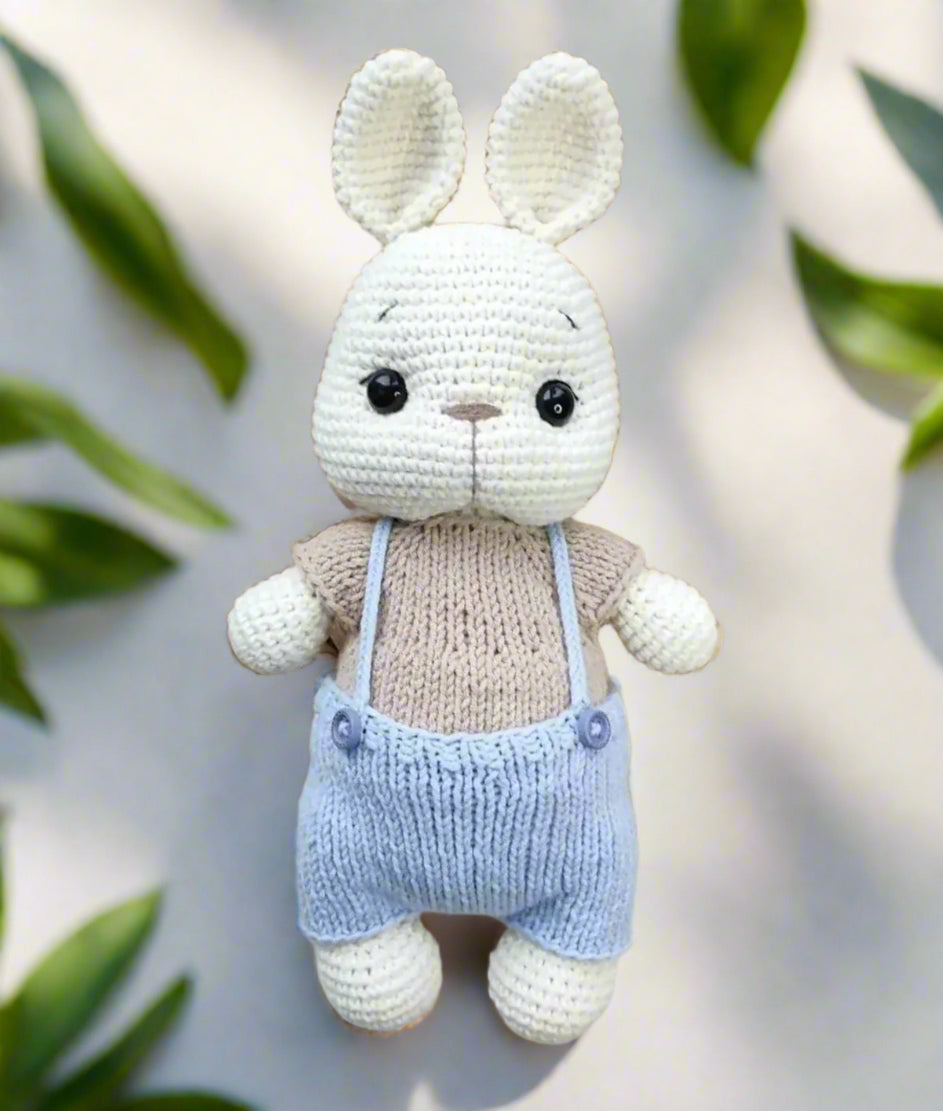 Crochet Blue Jumpsuit Bunny Toy