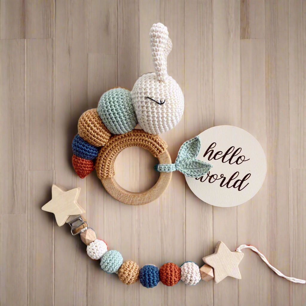 Crochet Caterpillar Rattle Toy and Dummy Clip 2pc