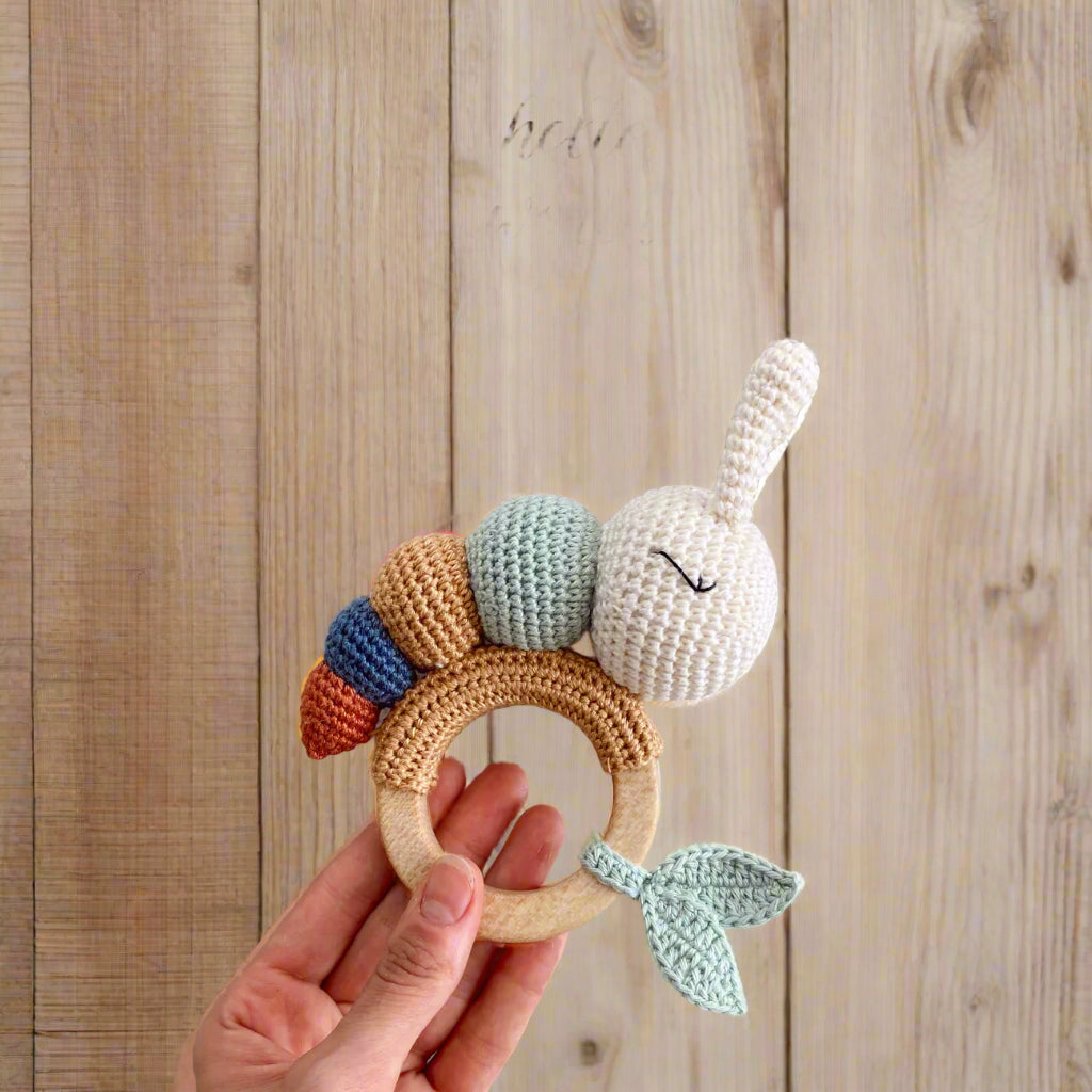 Crochet Caterpillar Rattle Toy and Dummy Clip 2pc