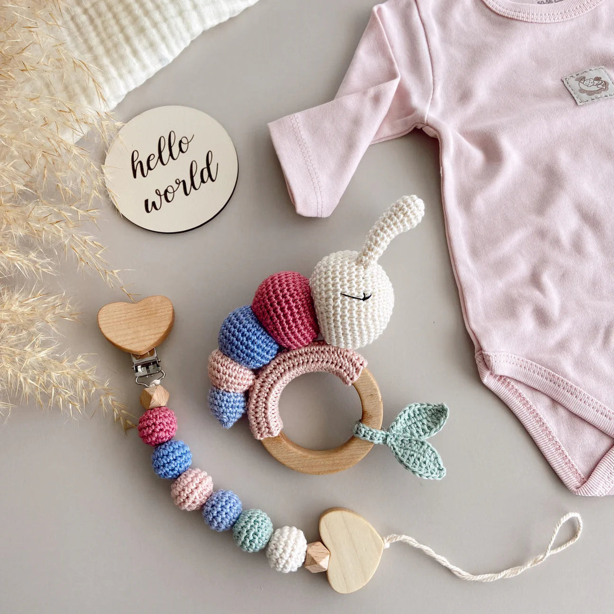 Crochet Caterpillar Rattle Toy and Dummy Clip 2pc