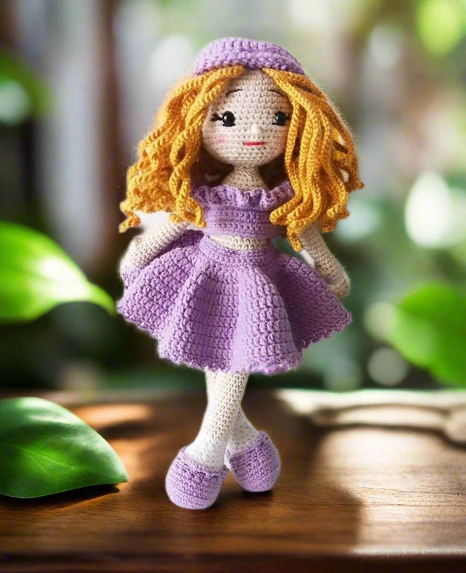 Crochet Cute Blonde Curly Girl in Purple Dress Doll