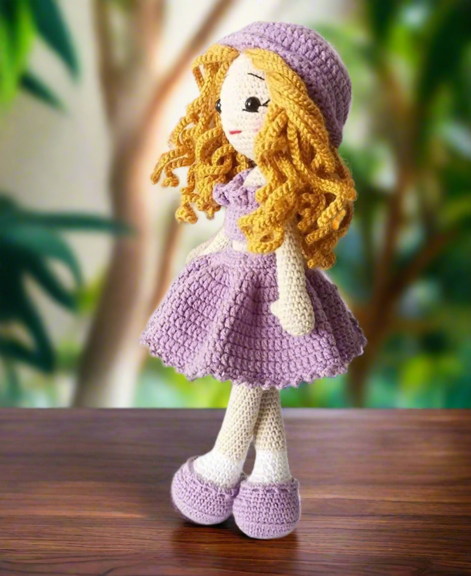 Crochet Cute Blonde Curly Girl in Purple Dress Doll
