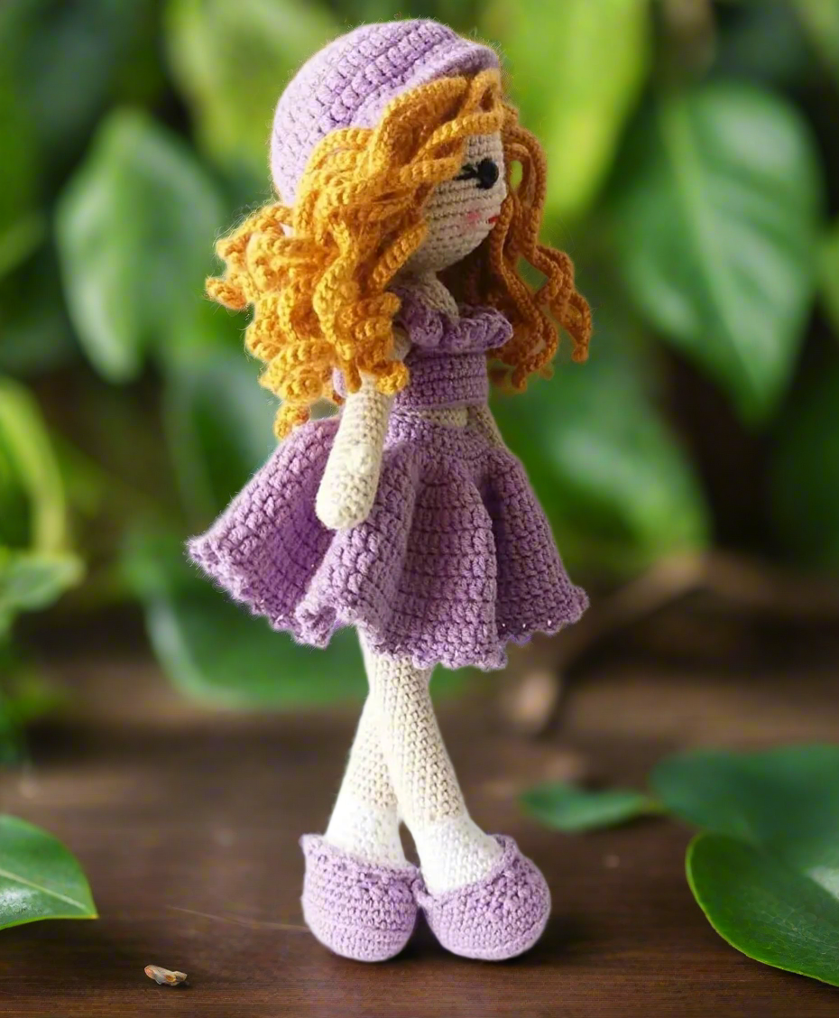Crochet Cute Blonde Curly Girl in Purple Dress Doll