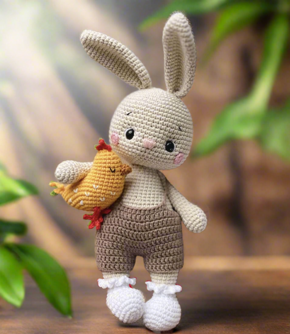 Crochet Cute Bunny Boy Toy with his small Chick