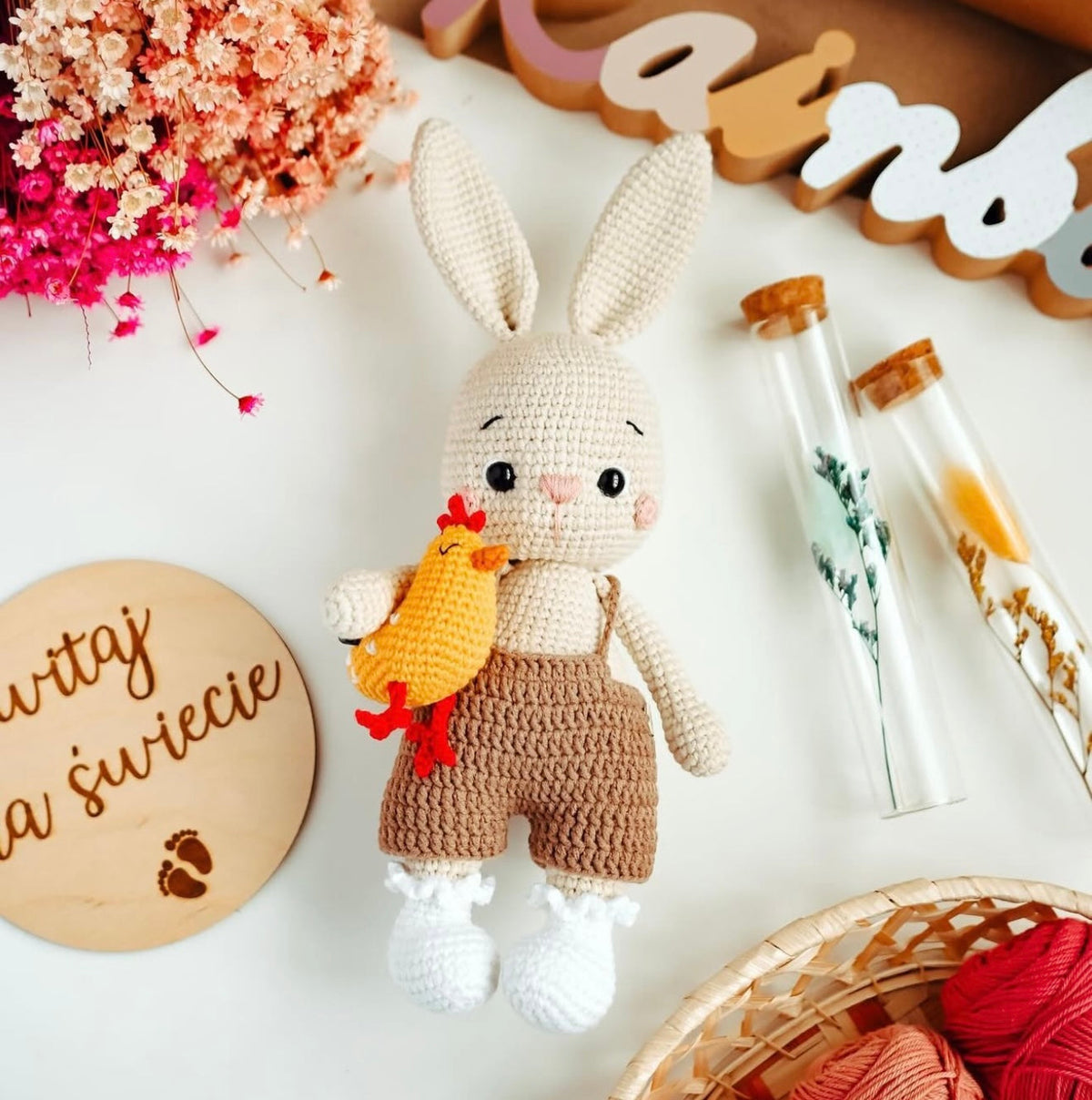 Crochet Cute Bunny Boy Toy with his small Chick