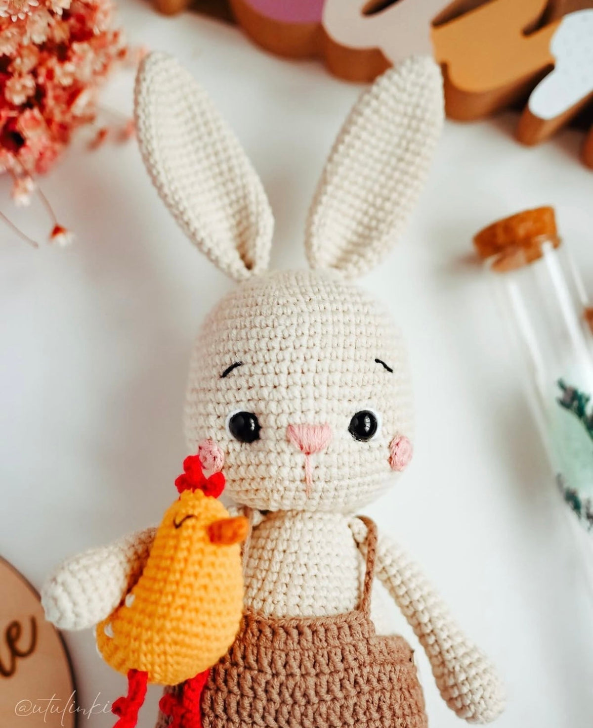 Crochet Cute Bunny Boy Toy with his small Chick
