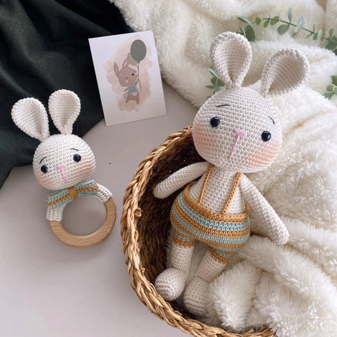 Crochet Cute Bunny Toy and Rattle Toy Gift Set 2pc